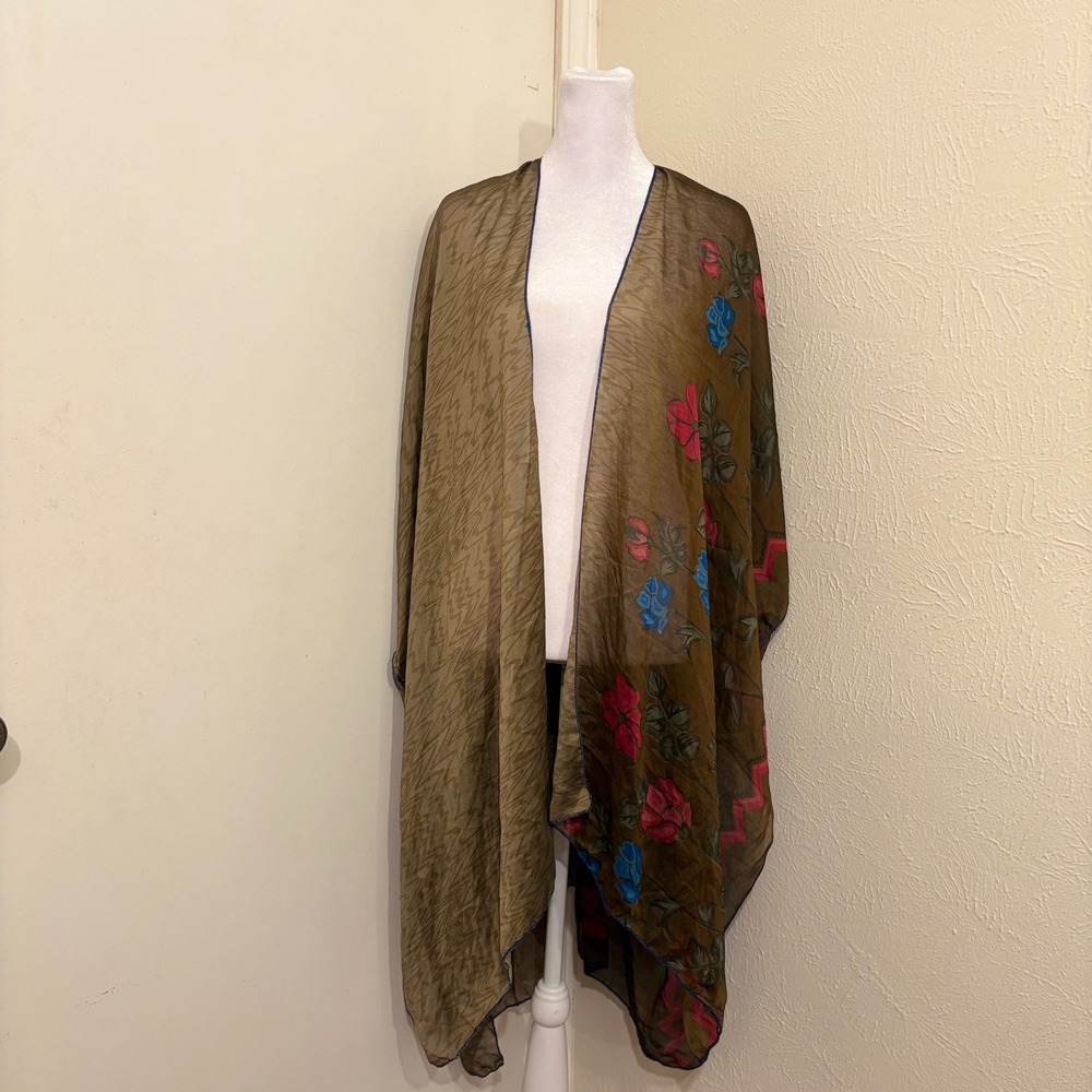Sheer Floral Long Kimono Wrap Duster Coverup Olive Brown Boho Fairycore One Size